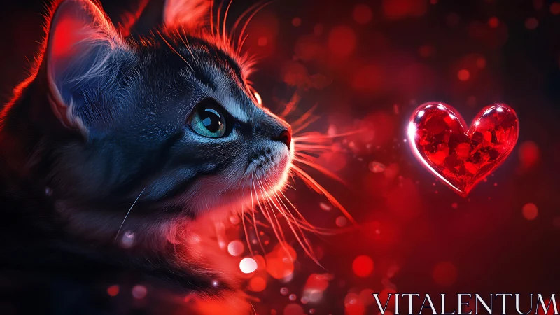 Feline Subject with Luminescent Heart Motif in Red Environment.