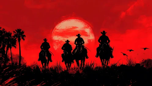 Silhouetted riders move across grassland before a large sun