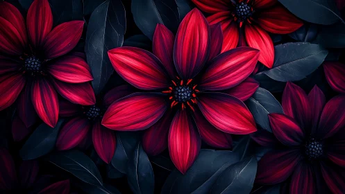 Crimson Dahlias with Deep Navy Foliage and Ornamental Dark Centers.