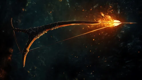 Primitive wooden bow looses single blazing arrow in darkness