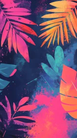 Neon gradient palm foliage overlays dense splatter-textured night field