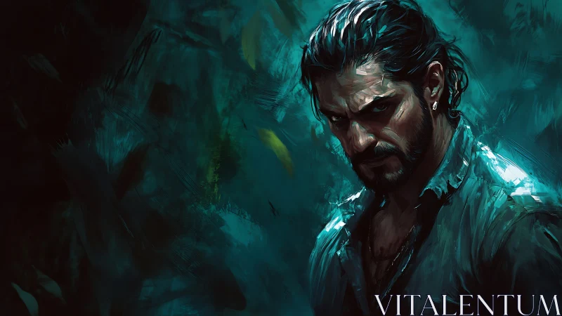 Male figure in teal-toned digital portrait with dark backdrop.