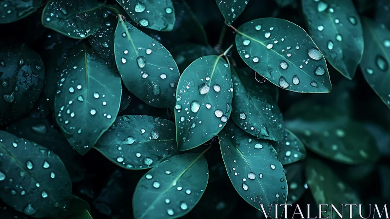 Emerald leaves layered in glistening morning raindrops.