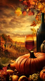 Crimson wine perches on pumpkins beneath a burning autumn sky