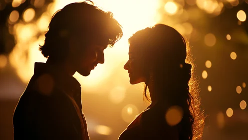 Two figures facing each other in golden sunset glow silhouette