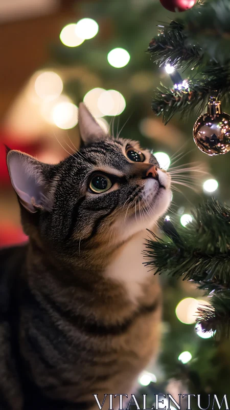 Curious tabby cat observes reflective bauble on lit tree