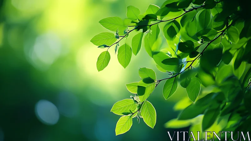 Sunlit Green Leaves on Branch with Soft Bokeh Background.