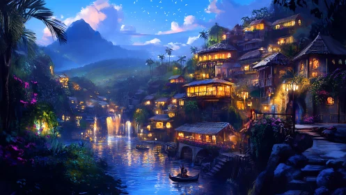 Riverside lantern village glowing under tropical twilight skies.