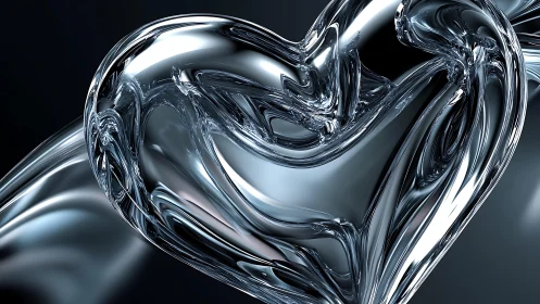 Abstract glass heart in metallic silver tones, digital artwork.