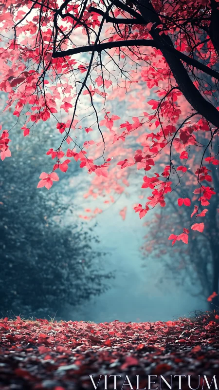 Red autumn leaves over misty forest path scene.