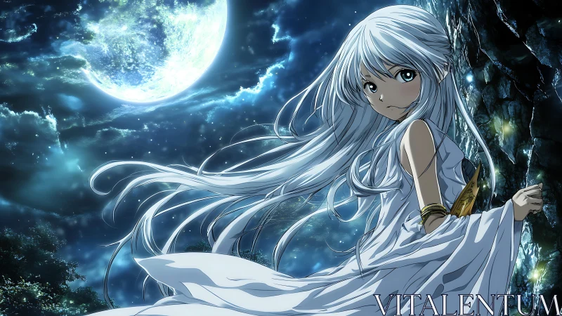 Silver haired girl in white garment under full moon sky.