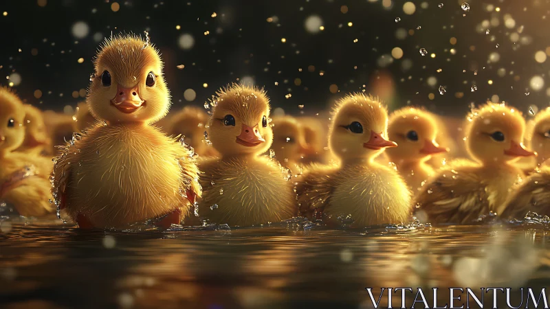 Duckling group in shallow water under warm backlight.