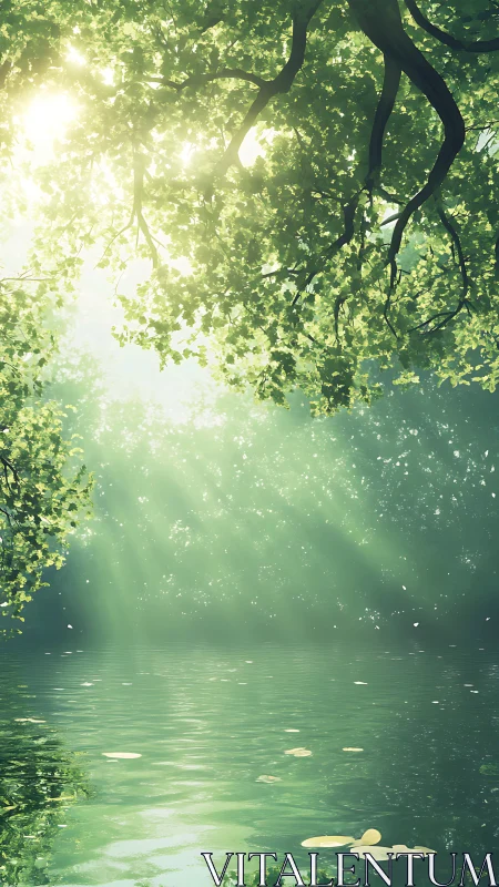 Volumetric sunlight through riparian canopy over still water.
