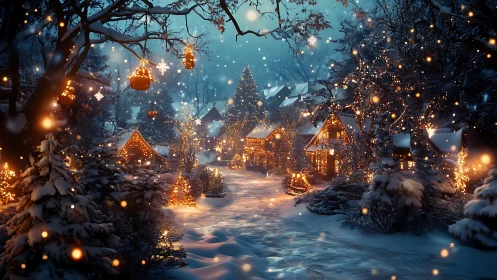 Snow-covered village street remains illuminated by winter lights