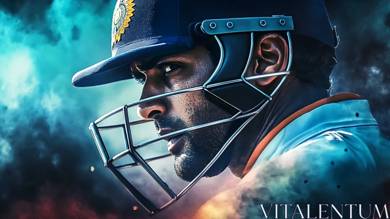 Focused cricket batsman in helmet under dramatic lighting.