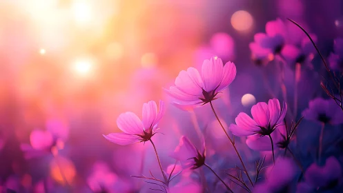 Pink cosmos flowers bloom in soft golden light.