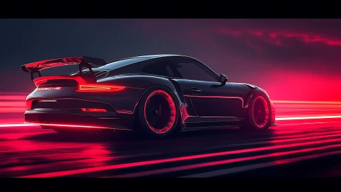 Night racer Porsche in neon red motion trail glow.