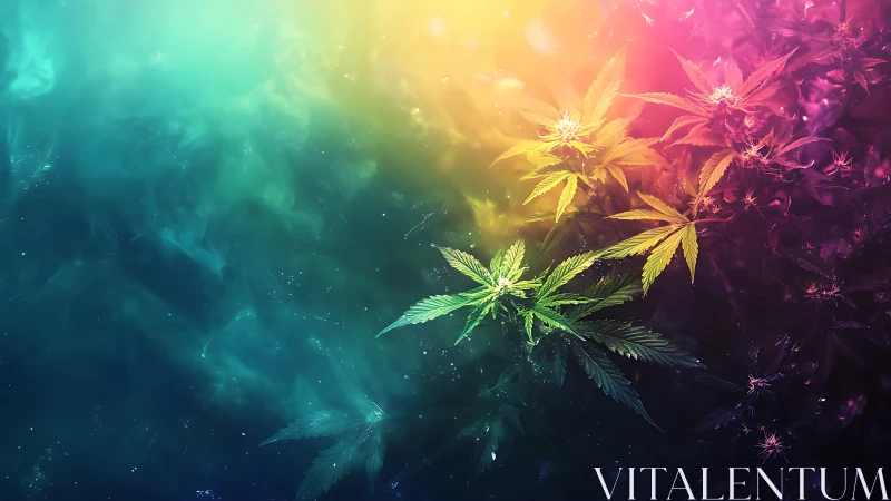 Psychedelic cannabis foliage glows under prismatic nebula light