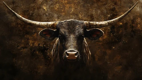 Ironclad longhorn spirit emerging from molten dusk shadows.