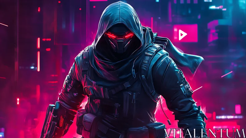 Cyberpunk hooded soldier with glowing red visor in neon city