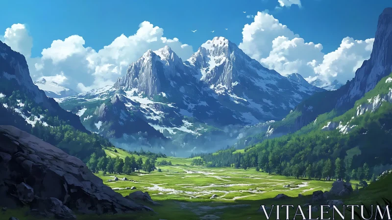 Sunlit alpine valley unfolds beneath towering snowy peaks.