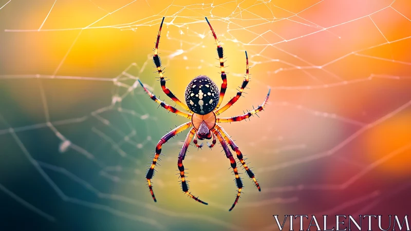 Jewel-toned spider poised on glowing pastel web at dusk.