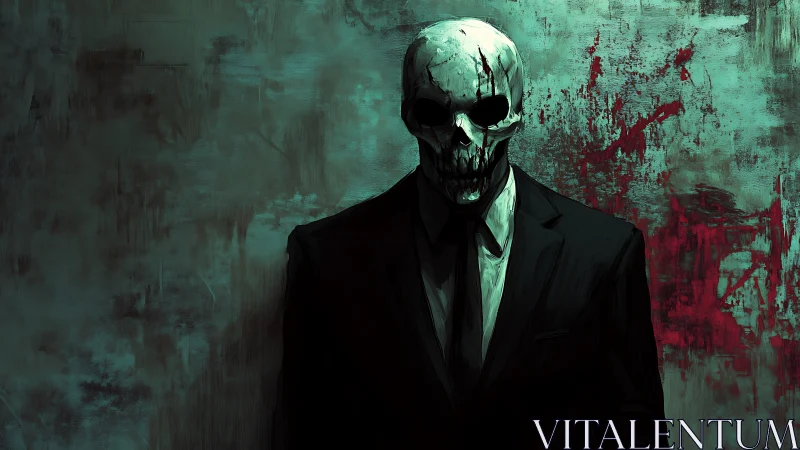 Skull headed figure in suit before grunge teal wall.