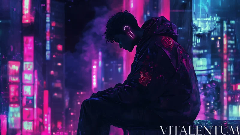 Neon-lit loner sits wired in a futuristic cyber cityscape.