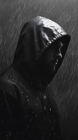 Hooded male subject stands in profile under artificial rain