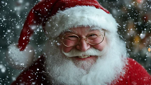 Smiling Santa portrait under softly falling winter snow.