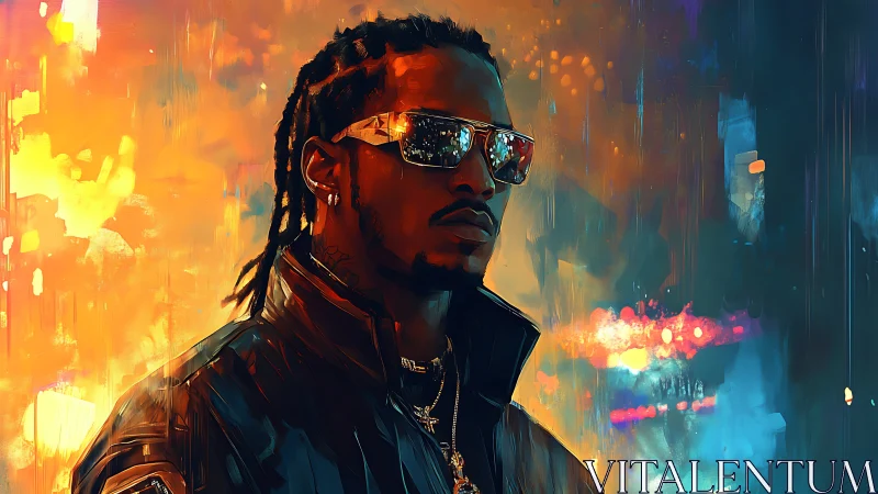 Confident man in neon city glow radiates urban cool