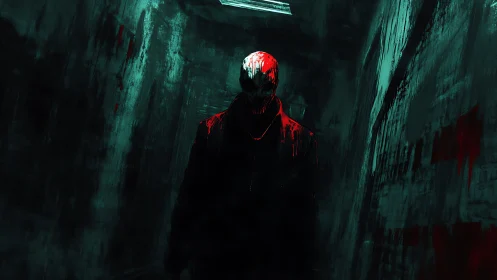 Masked figure stalks a bloodlit corridor in chilling silence