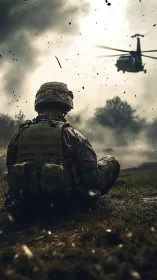 Lone soldier beneath stormed sky as rescue rotor roars on.