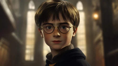 Young boy in glasses stands in a softly lit grand hall