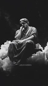Contemplative stone figure rests thoughtfully among clouds