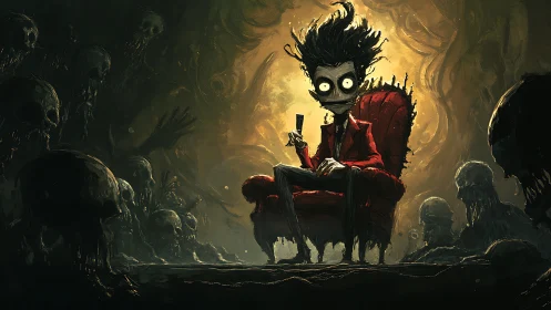 Eccentric skeletal host lounging in a throne of shadows.