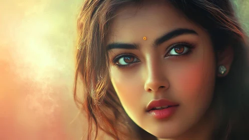 Digital portrait shows young woman with bindi in soft light