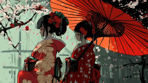 Two women in kimonos under red umbrella and blossoms.