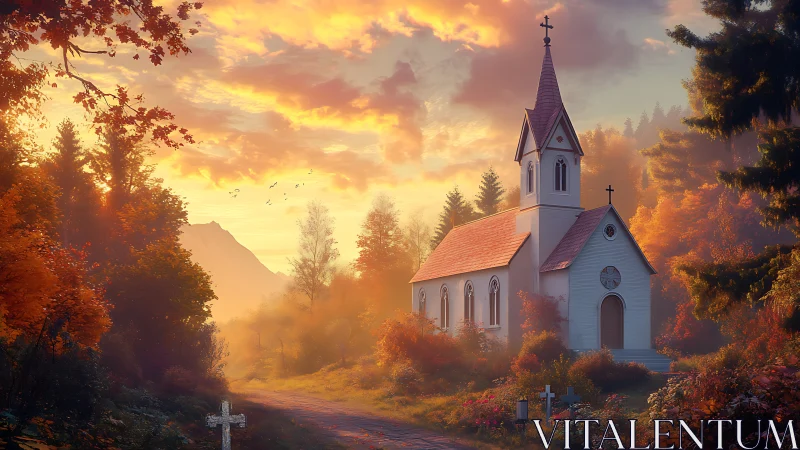 Autumn-lit mountain chapel within misty golden forest valley.