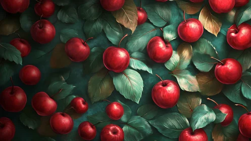 Lush red apples rest among teal leaves in rich harmony.