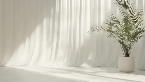 Sunlit palm daydream against whispering white curtains.