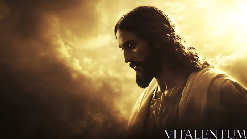 Solemn robed man against glowing golden sky clouds.