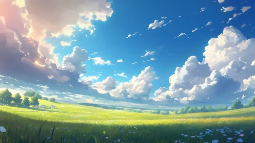 Digital painting of luminous summer meadow under vast sky.