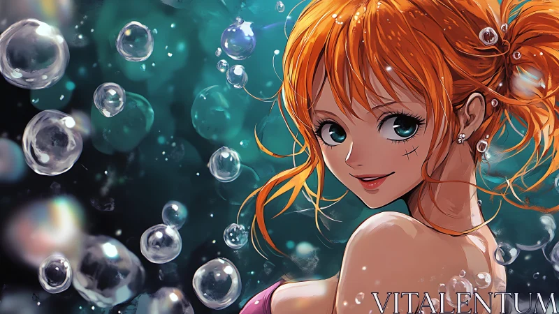 Anime girl underwater with bubbles and vibrant orange hair.