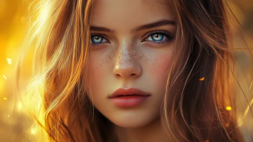 Sunlit freckles ignite around those storm-bright blue eyes