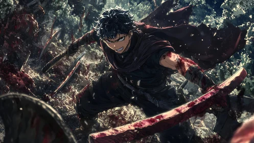 Armored swordsman advancing through forest battlefield scene.