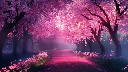 Pink blossom tree tunnel over curved path in soft light.