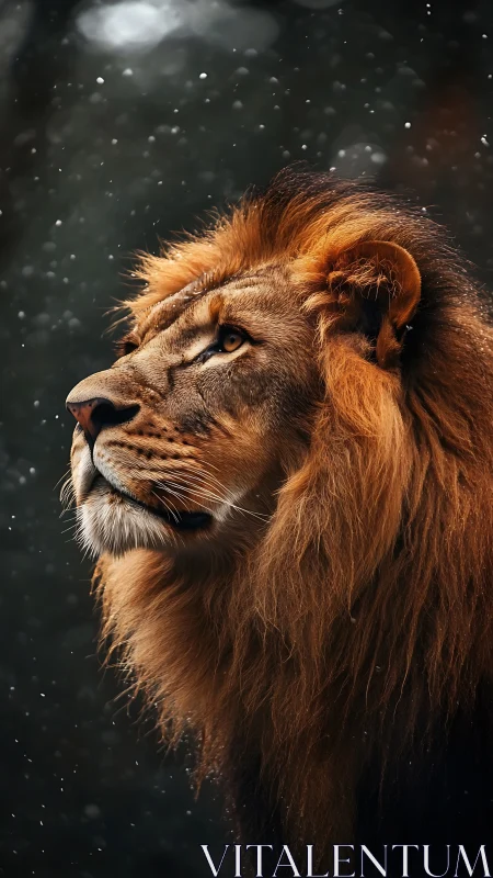Male lion in profile under snowfall rendered in photoreal detail