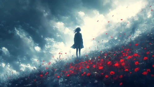 Lone dreamer on a stormlit hill of burning red poppies.