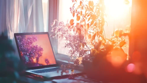 Backlit laptop workstation beside sunlit floral window garden